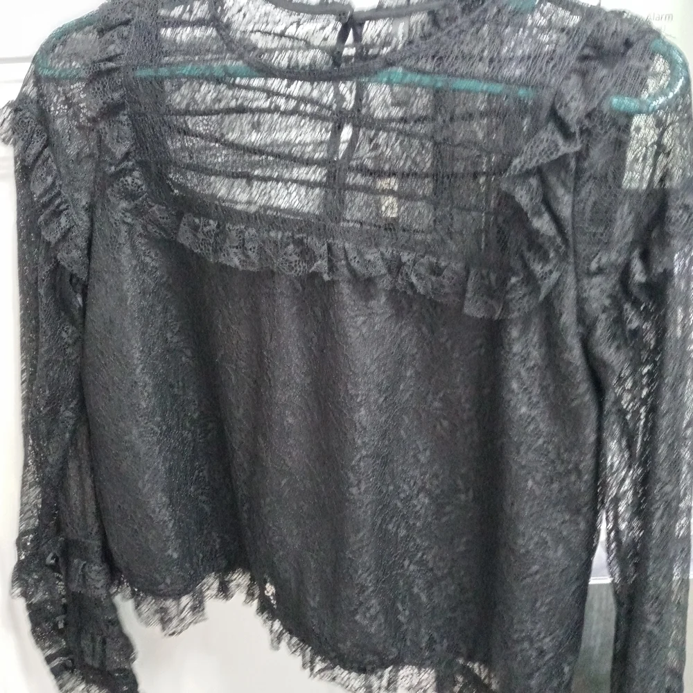 Zara Trafaluc Sheer Lace Long Sleeve Blouse Buttons in Back Of Neck